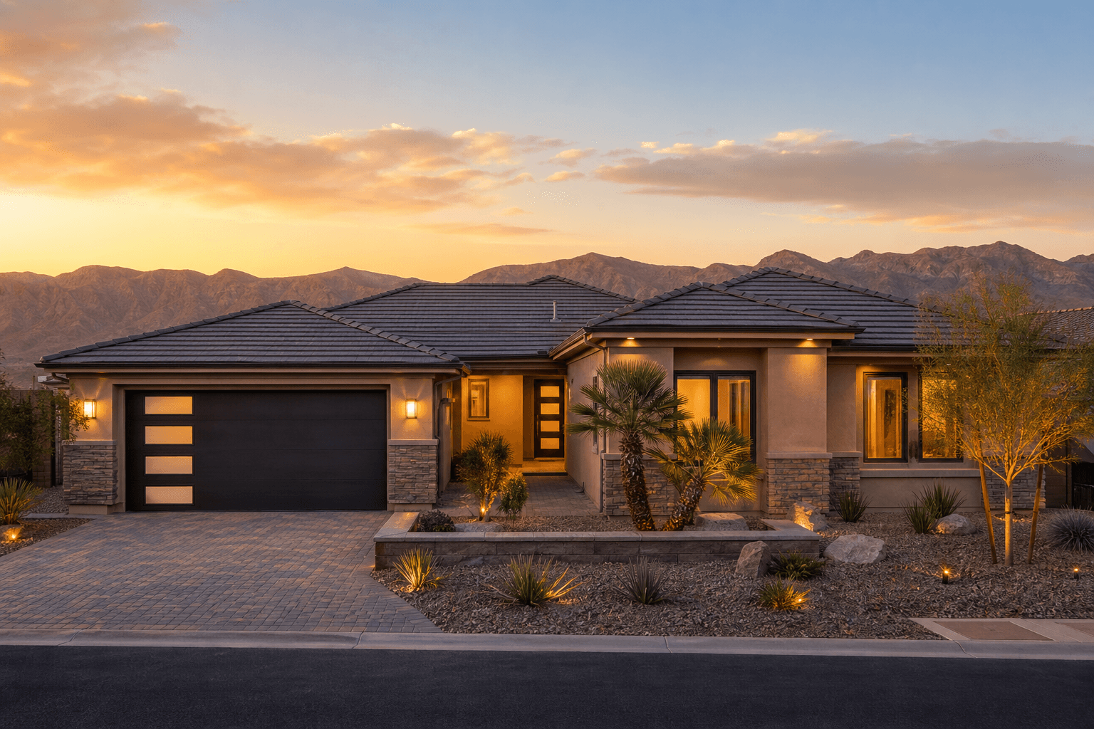 Anthem Henderson foothill homes with desert mountain views at golden hour